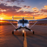 Riley Super Skyrocket P337 parked on the taxiway at sunset