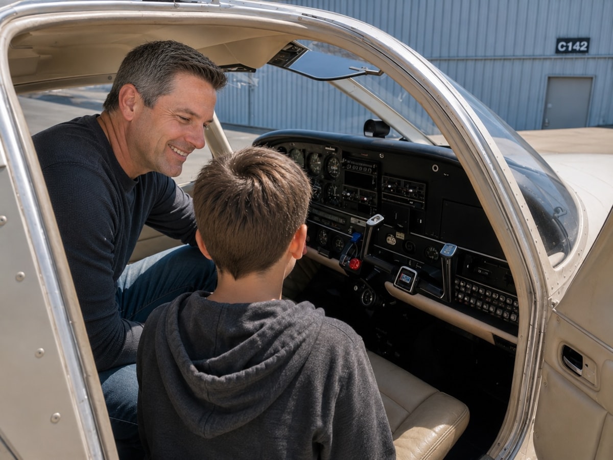 Introducing a young visitor to the cockpit of the Piper Cherokee 6/300
